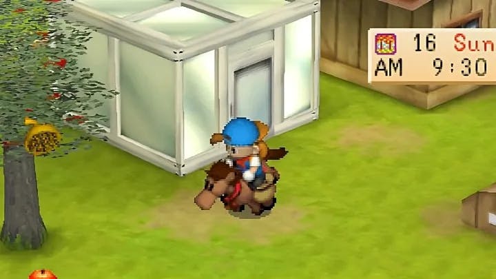 Harvest moon character riding a horse
